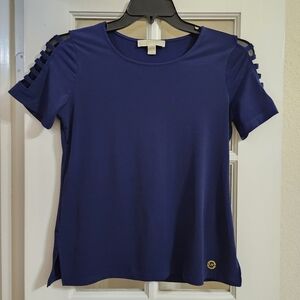 Michael Michael Kors Navy Cold Shoulder Ladder Sleeve Small Gold Logo Stretch